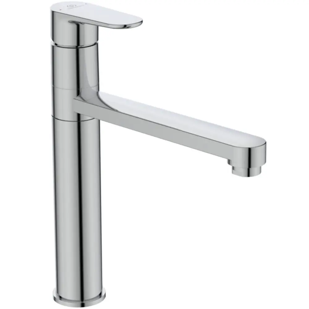Küchenarmatur aus dem Hause Ideal Standard mit hohem Rohrauslauf und einem chromierten Finish. Ergonomischer Griff zur Wassersteuerung.